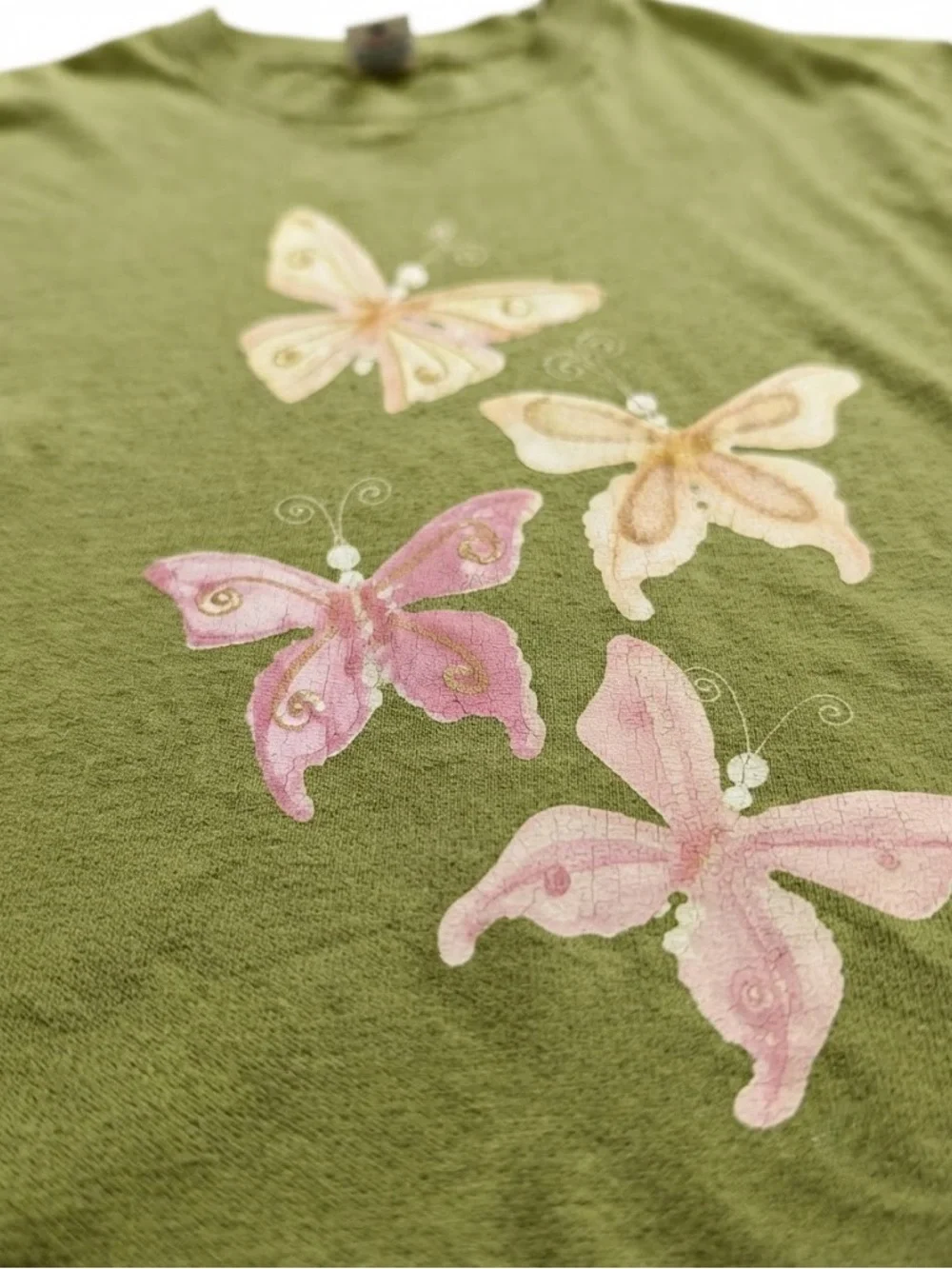 Gildan Kiwi Green Tee with Pink & Cream Butterfly Motif